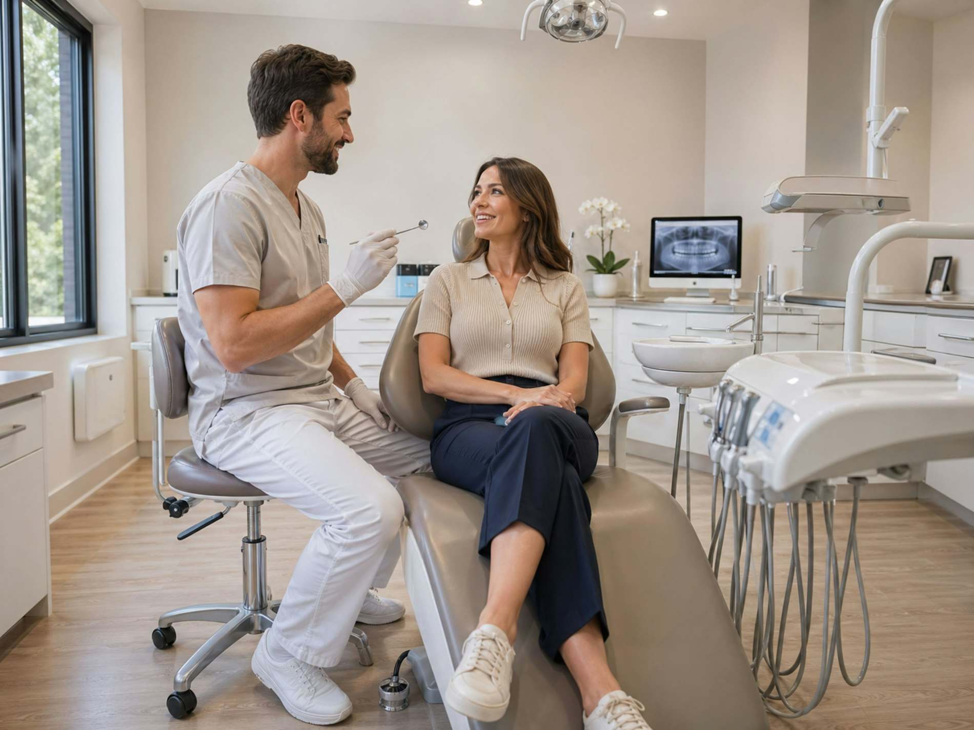 Dentista sentado conversando com uma paciente em consultório claro, antes do atendimento